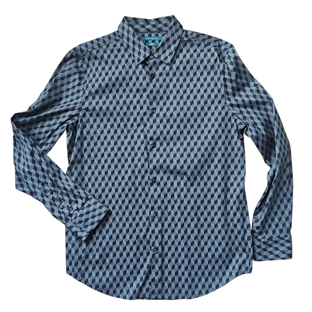 Perry Ellis Men's Black and Gray Geometric Button Up Long Sleeve Shirt